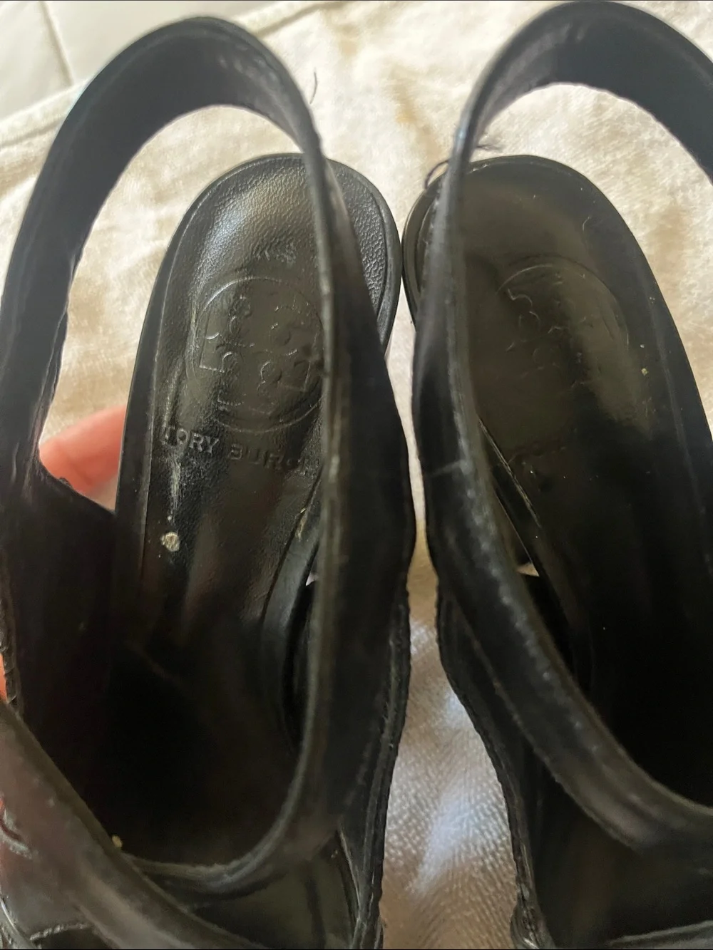 Tory Burch Black Leather Crisscross Slingback Heels with Gold Buckles